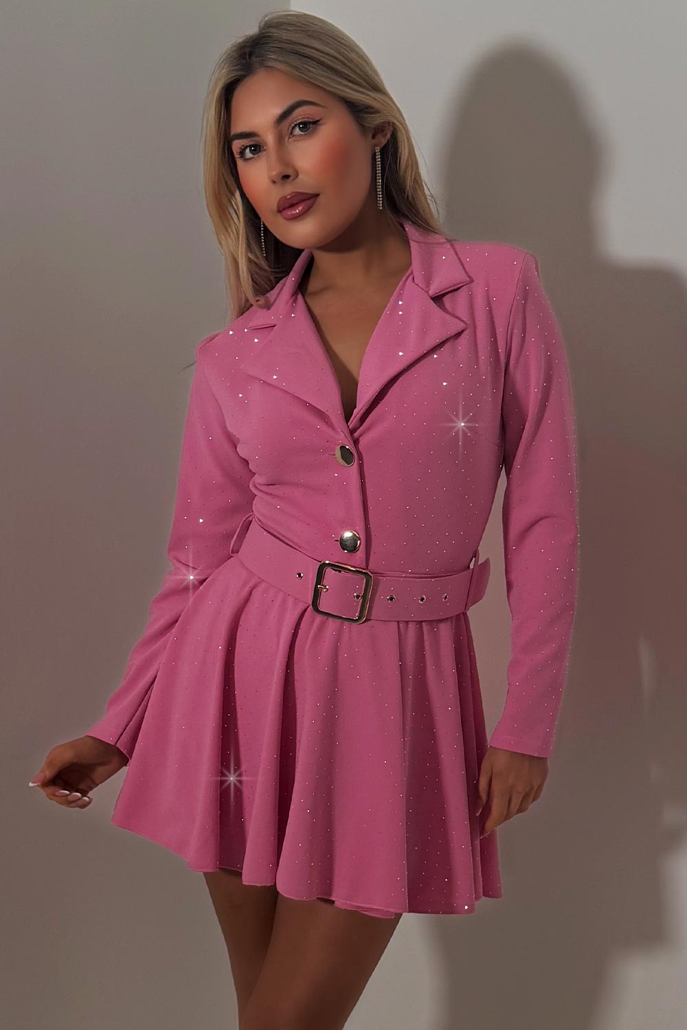 Diamante Rhinestone Blazer Playsuit With Belt Pink