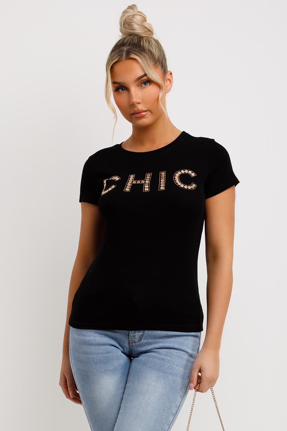chic diamante detail t shirt black