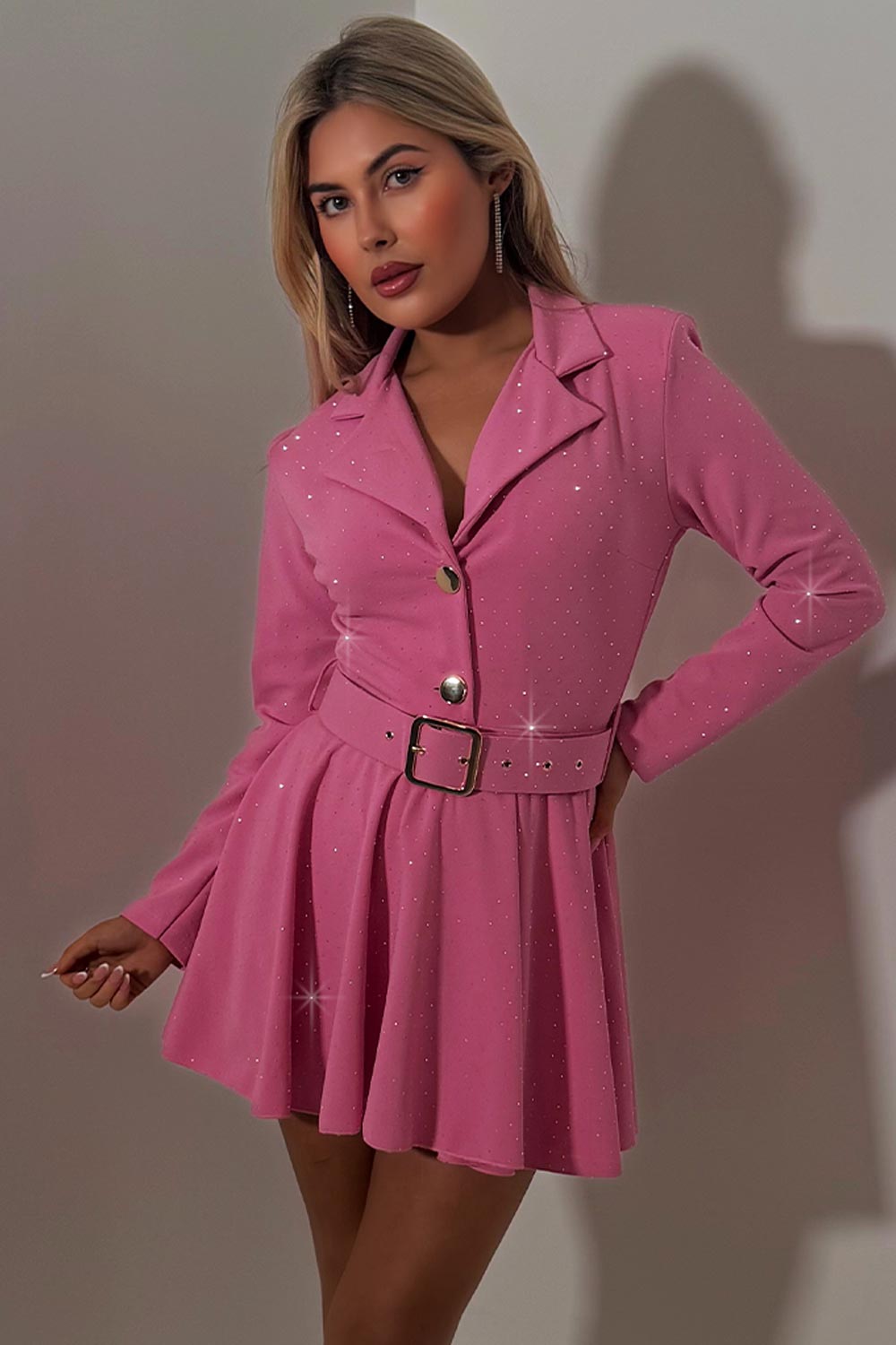 Diamante Rhinestone Blazer Playsuit With Belt Pink