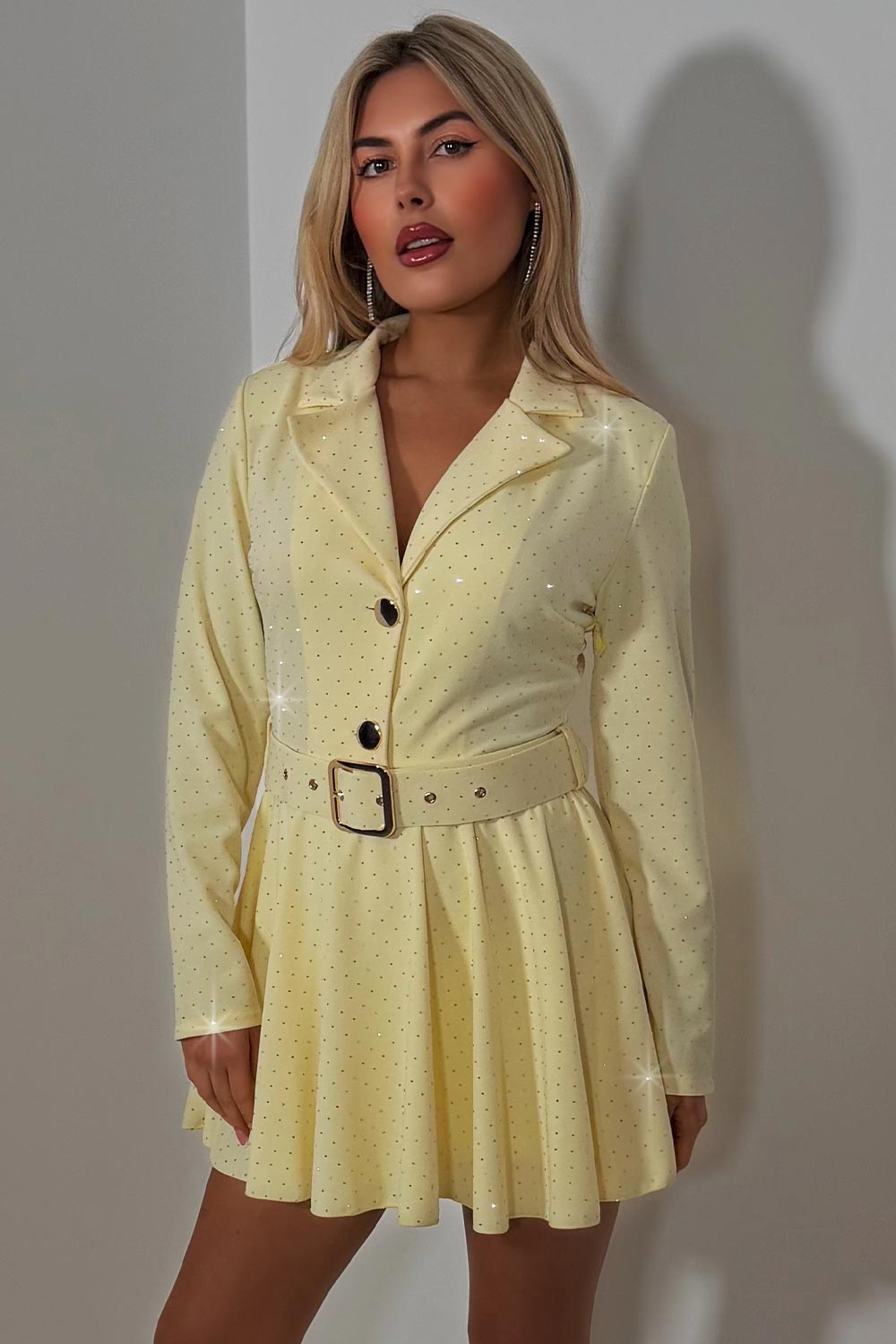 diamante rhinestone long sleeve blazer playsuit with belt going out occasion outfit styledup fashion uk