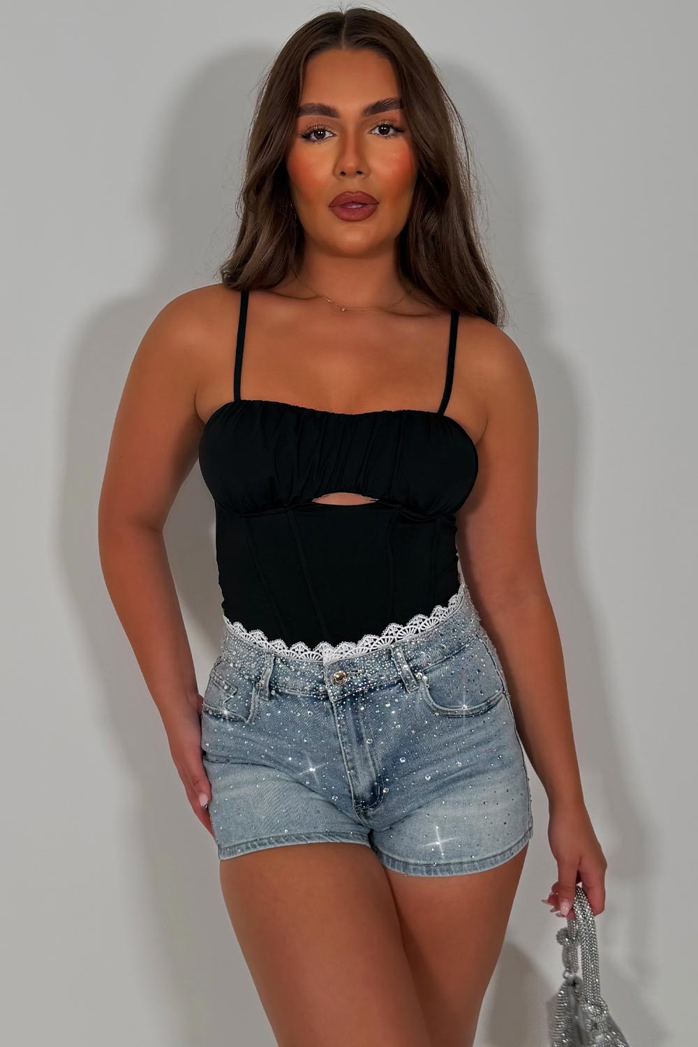 diamante rhinestone applique denim shorts with lace trim summer holiday outfit styledup uk