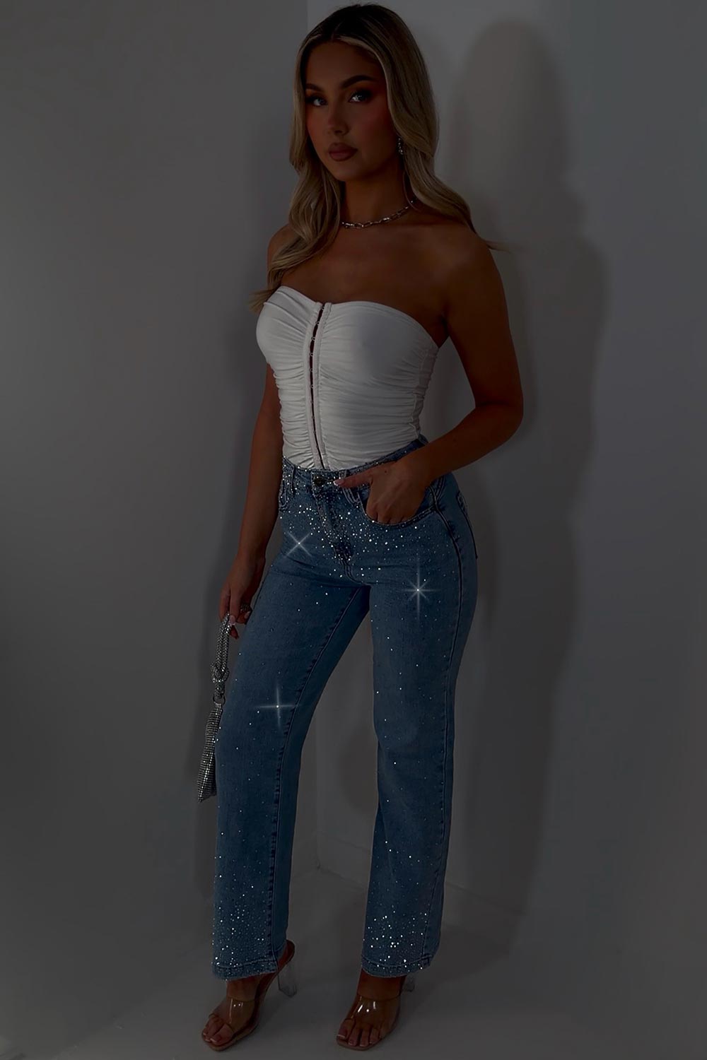 rhinestone diamante wide leg high waist jeans zara womens uk