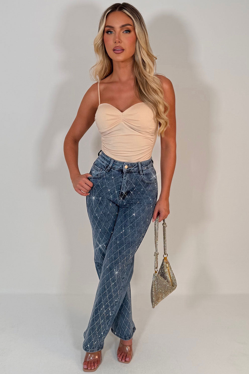 womens diamante rhinestone jeans denim blue styledup uk sale