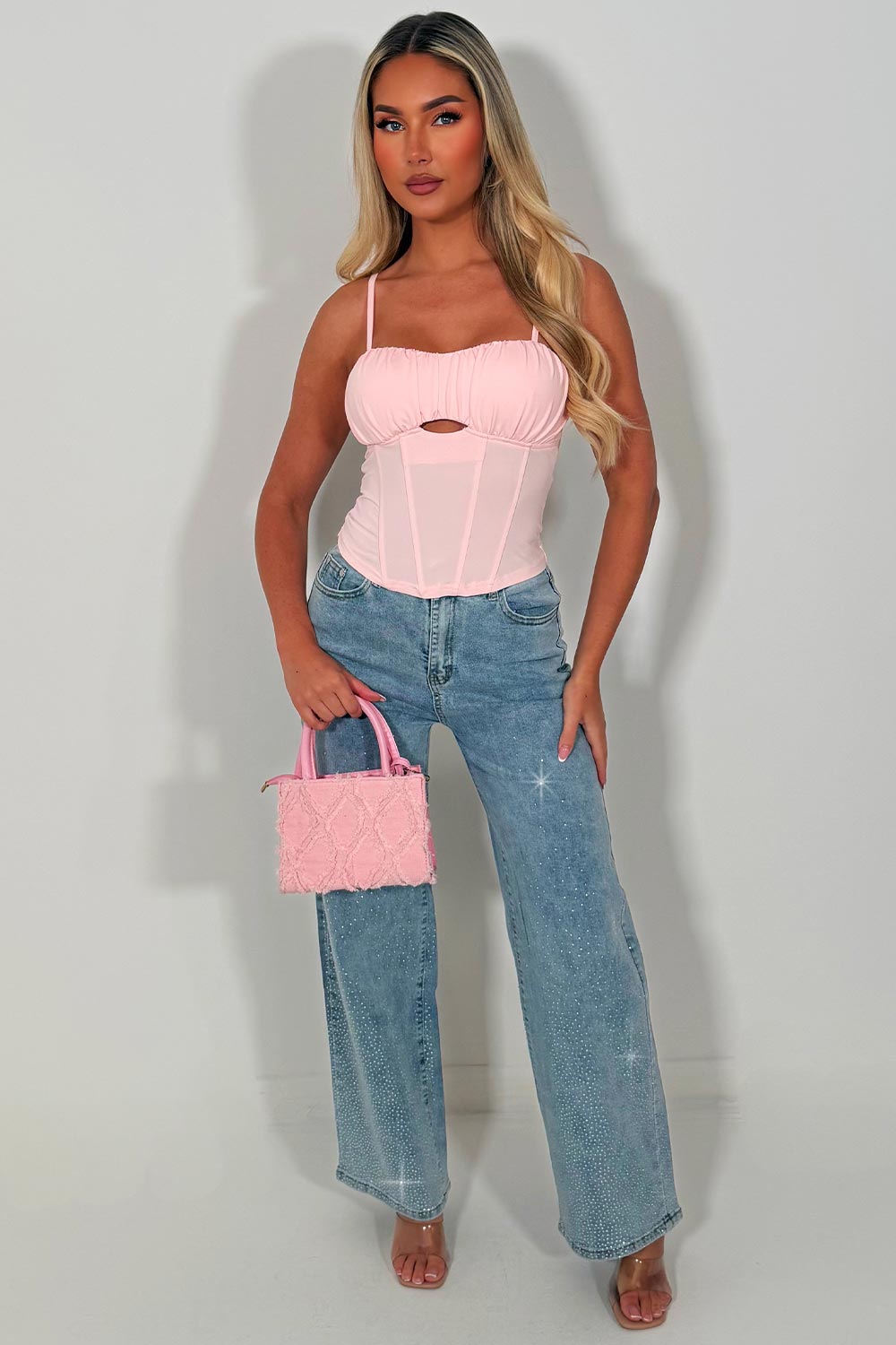 denim blue high waist wide leg jeans with diamante rhinestones styledup sale uk
