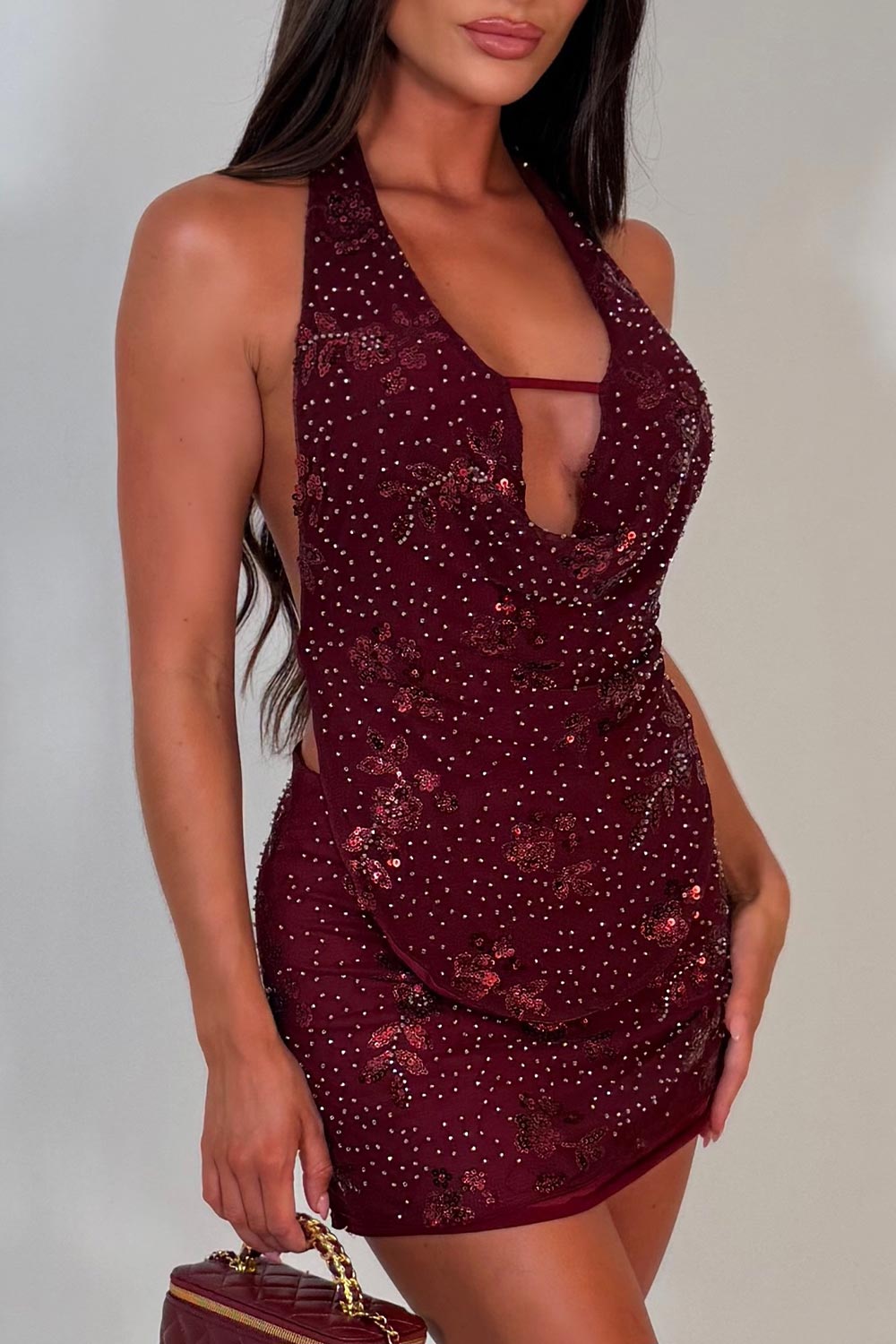 cowl halter neck backless diamante rhinestone sequin top and sequin mini skirt co ord set going out christmas festival rave outfit uk
