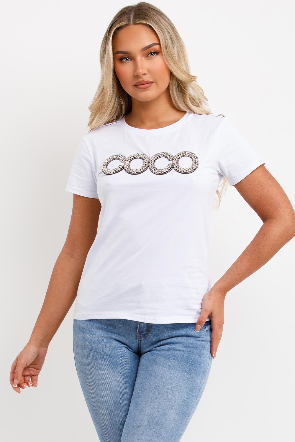 coco diamante embellishment t shirt white