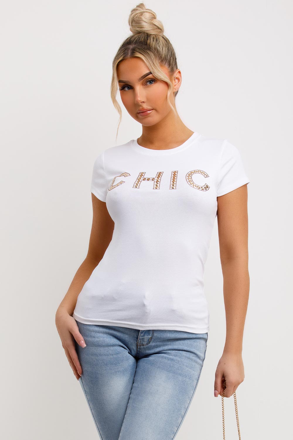 chic diamante detail t shirt white