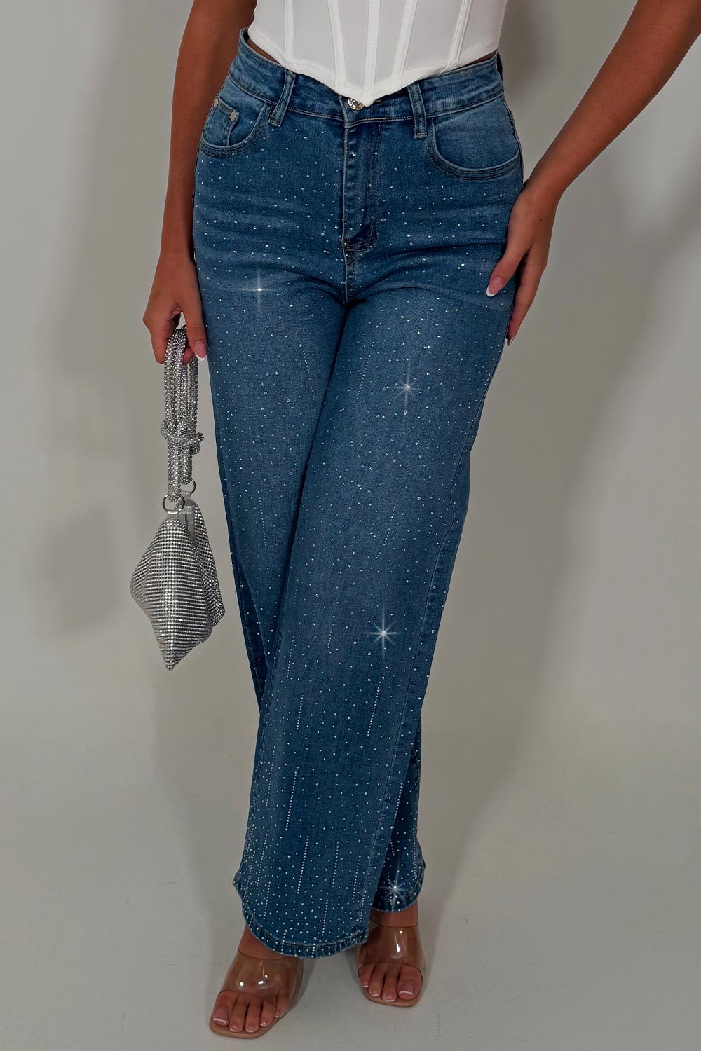 diamante rhinestone high waisted jeans denim blue womens