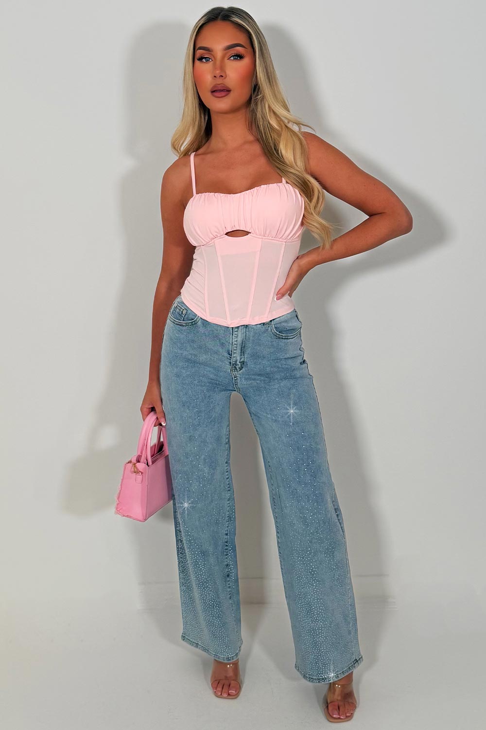 zara diamante rhinestone relaxed oversize denim blue jeans womens uk