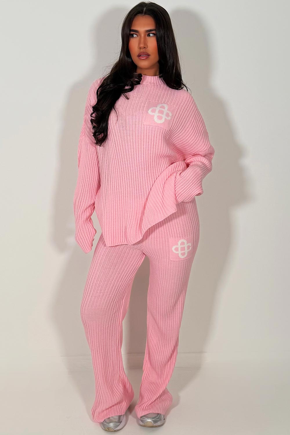 pink oversized rib knitted lounge set couture club womens uk