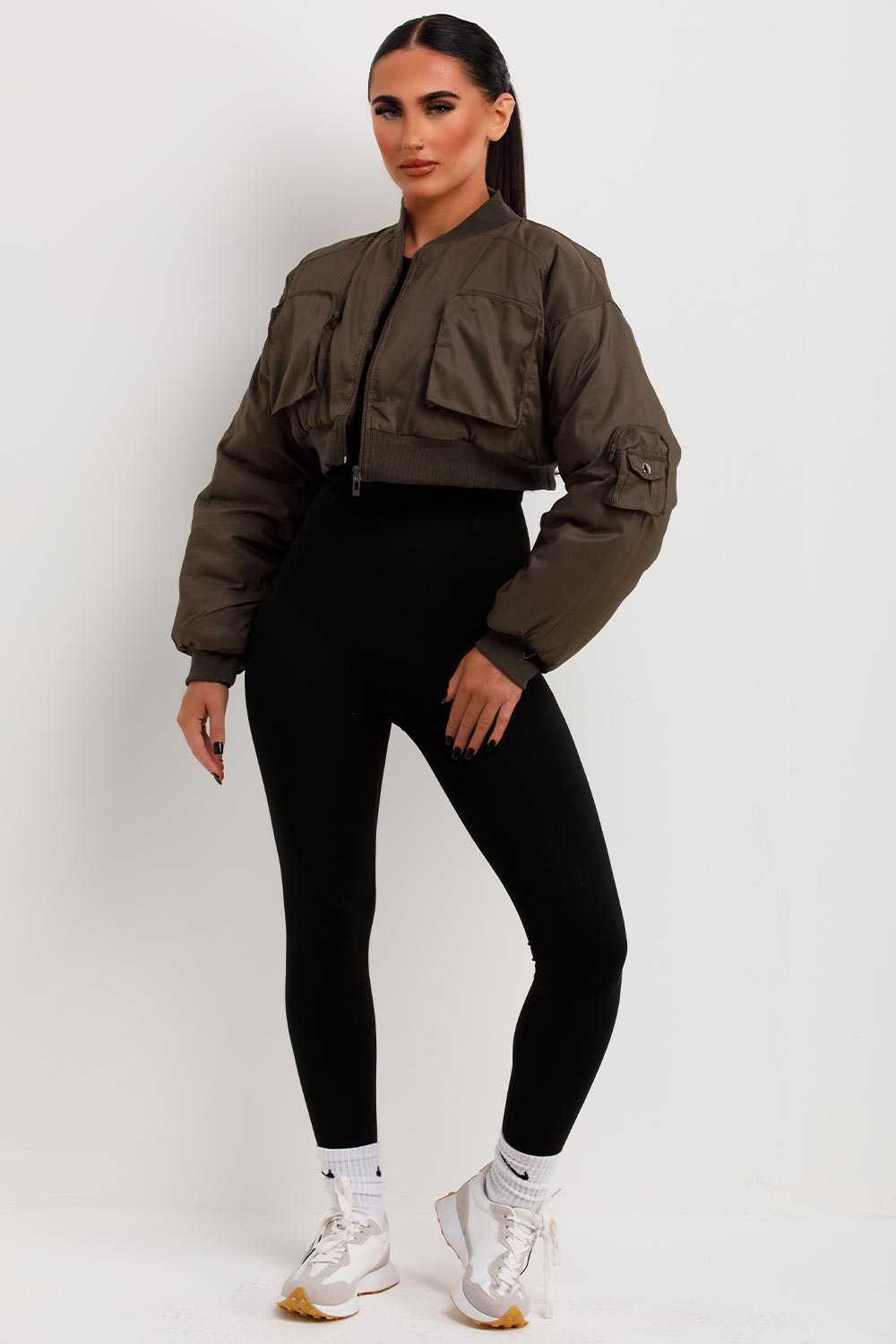 crop bomber jacket with utility pockets