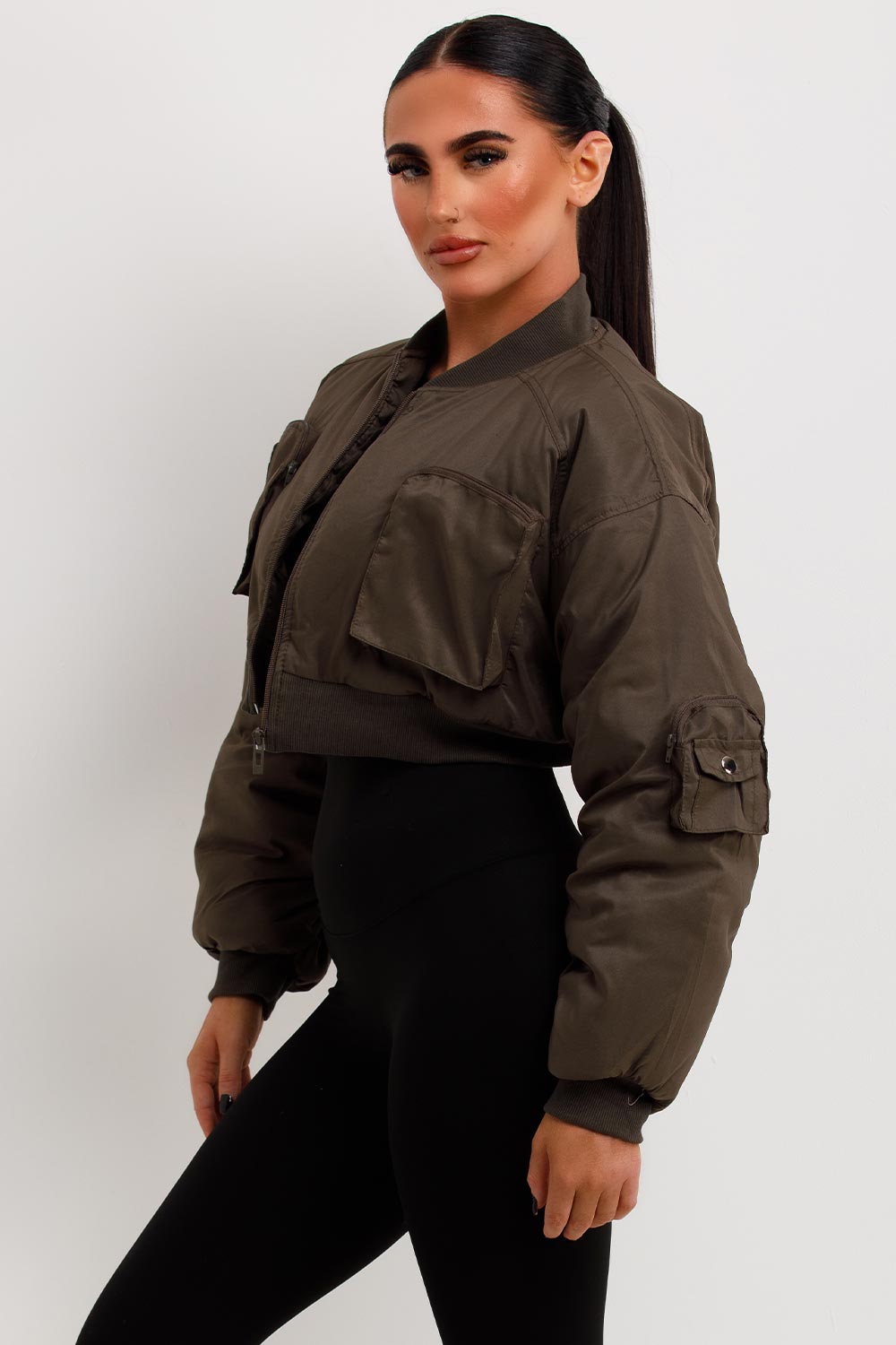 crop bomber jacket with utility pockets