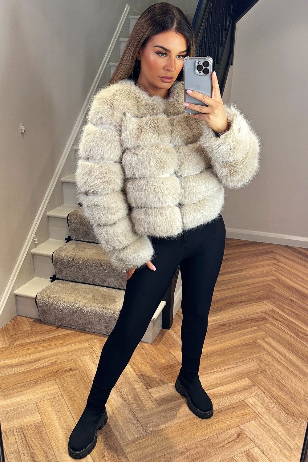 faux fur jacket styled up