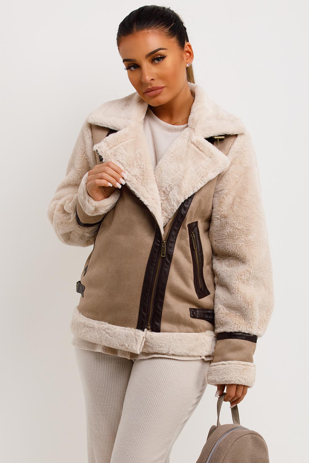 faux fur faux suede aviator jacket