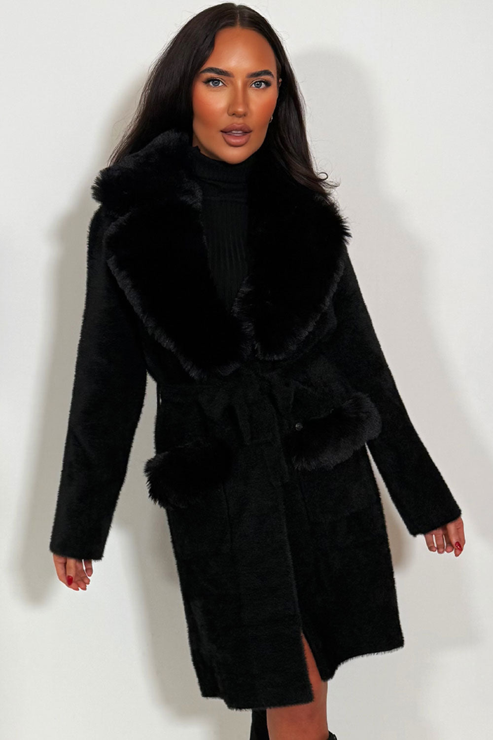 womens faux fur collar faux fur cuff belted coat christmas outerwear