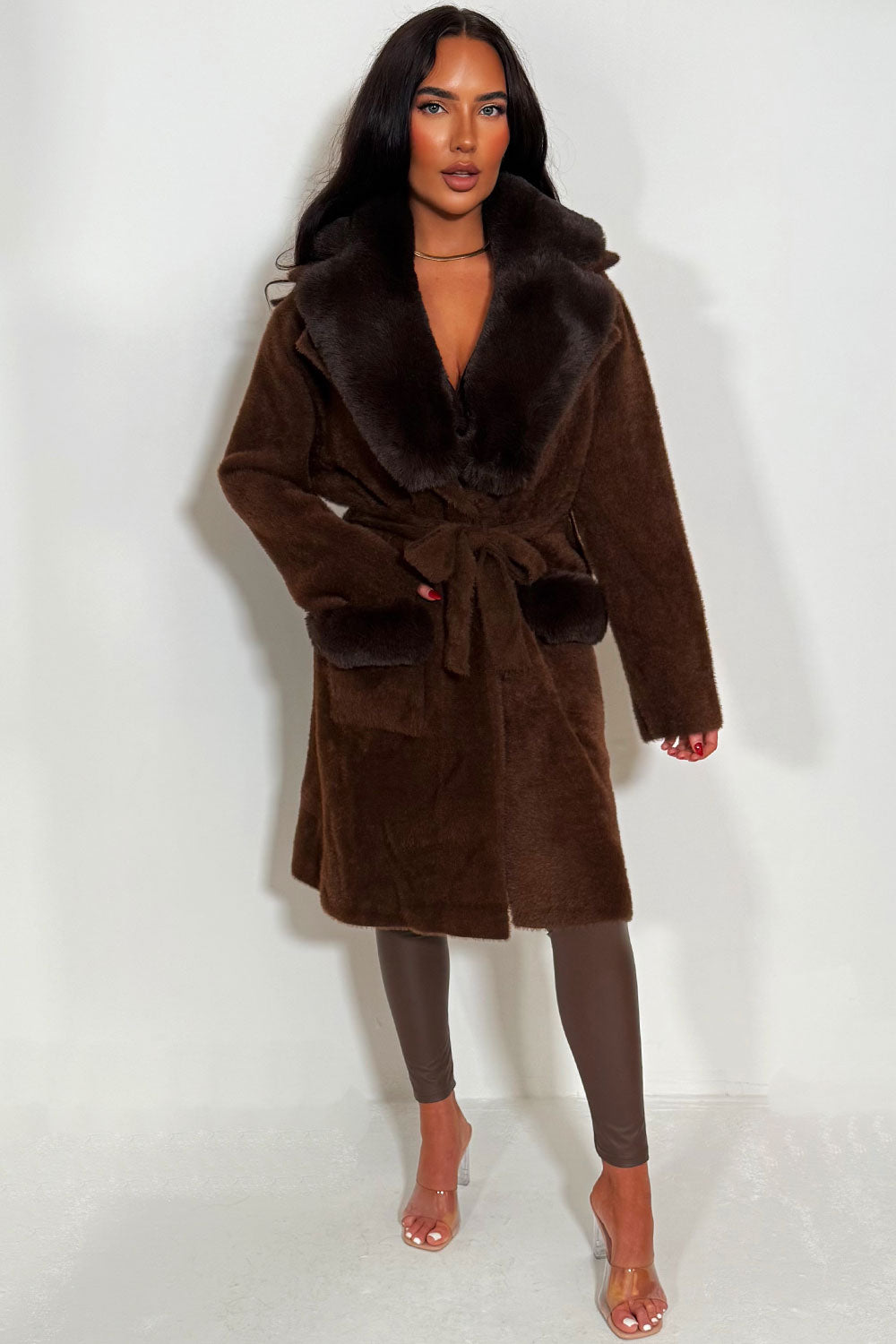 faux fur collar faux fur cuff long belted coat styledup