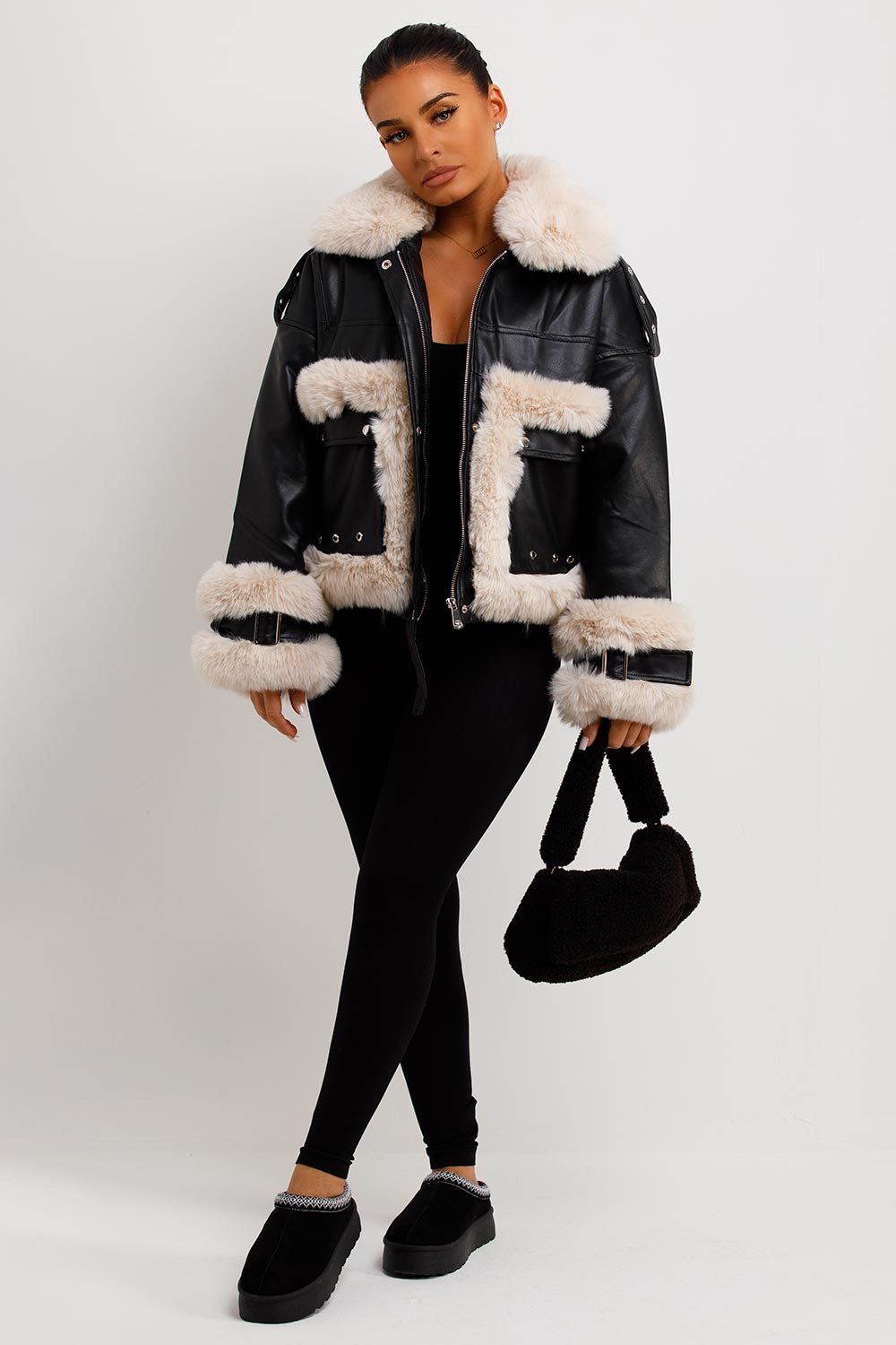faux fur faux leather jacket with fur trim