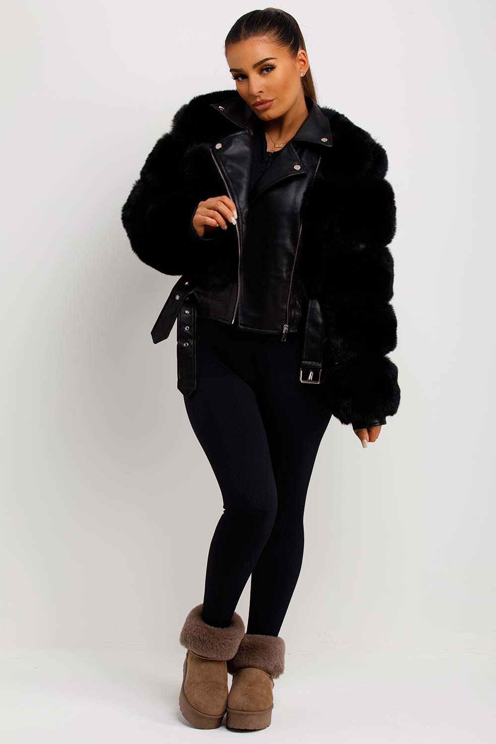 faux leather faux fur aviator jacket cropped
