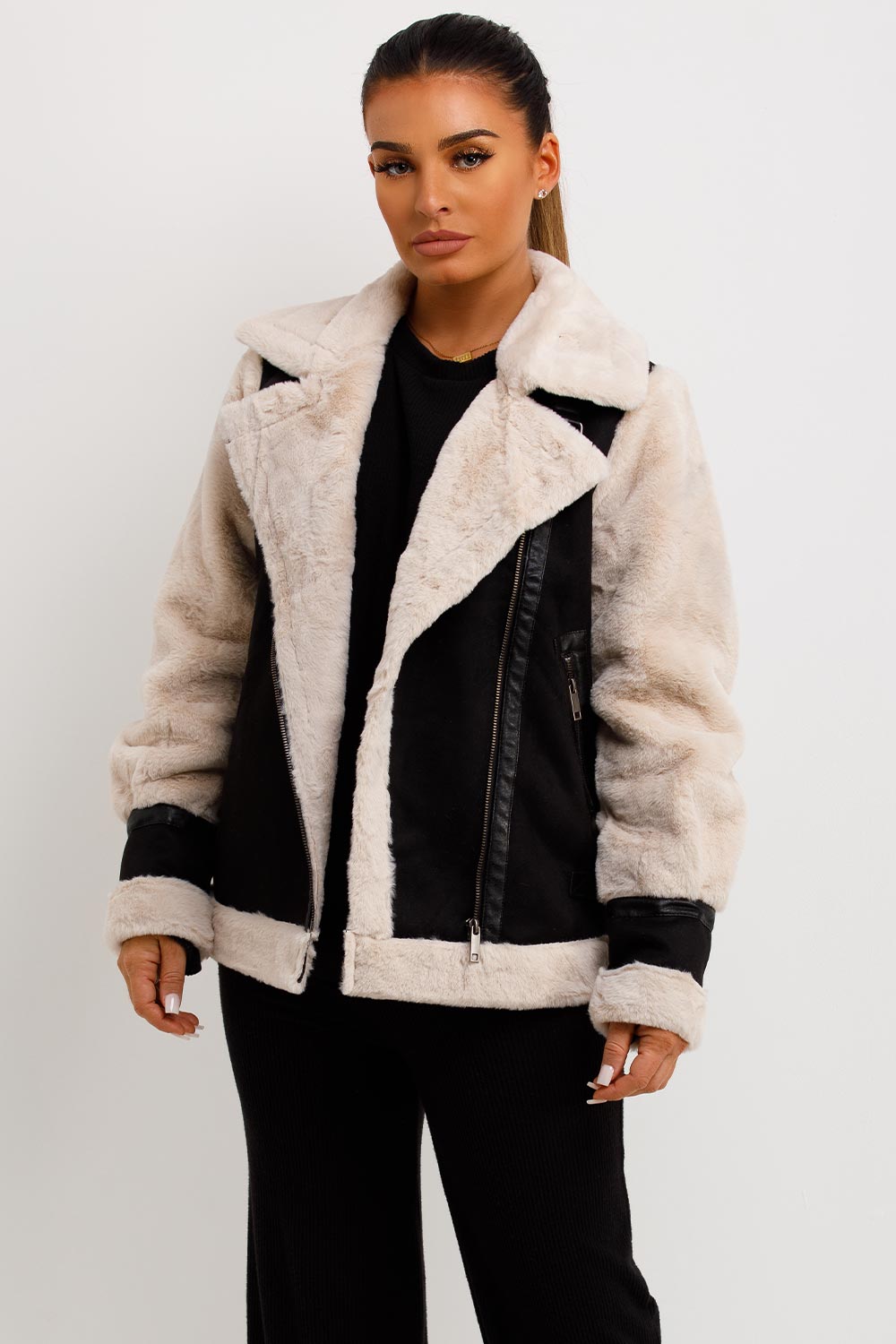 faux suede faux fur aviator jacket