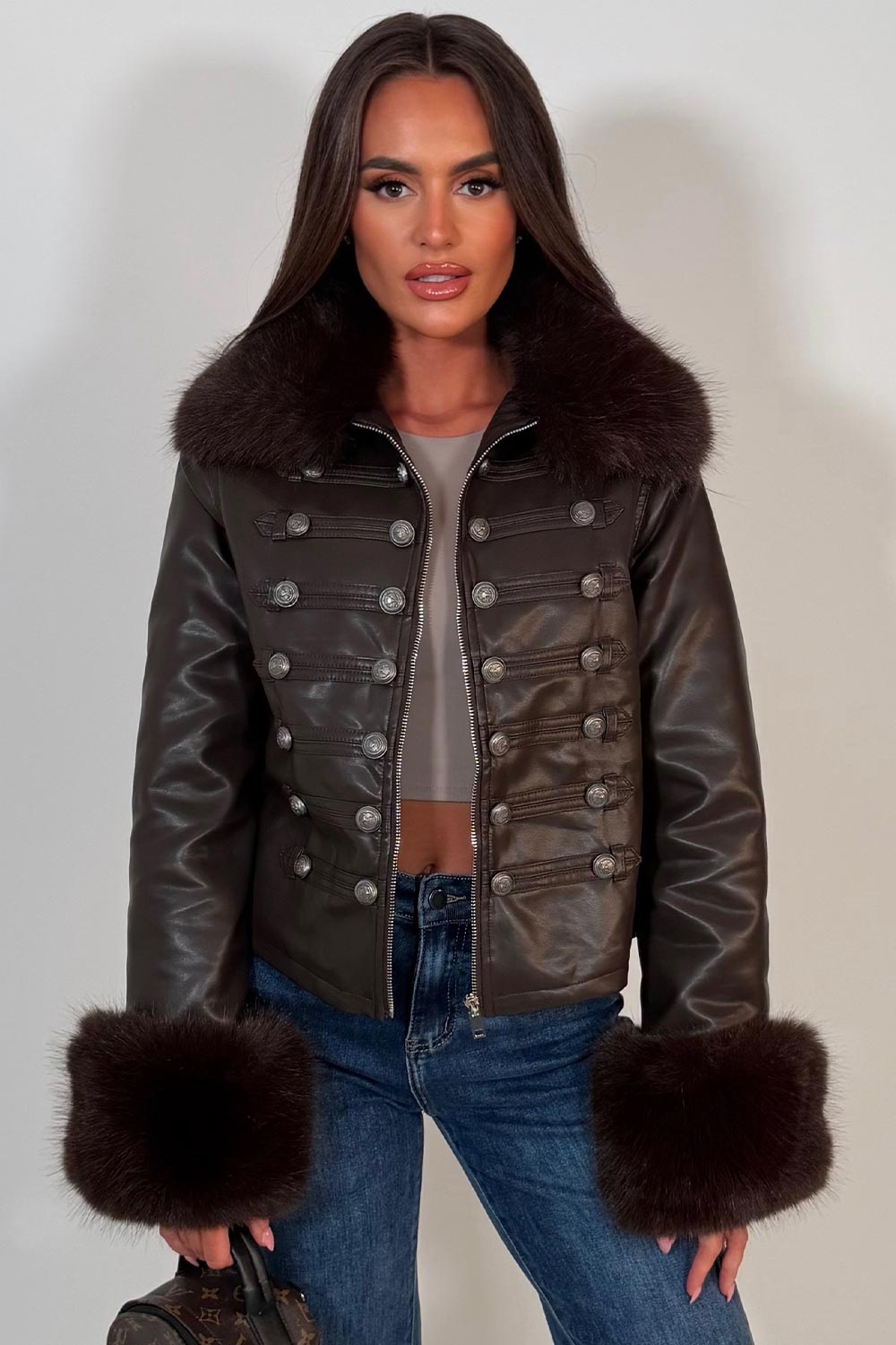 womens brown faux leather jacket with fur cuff and fur collar styledup uk