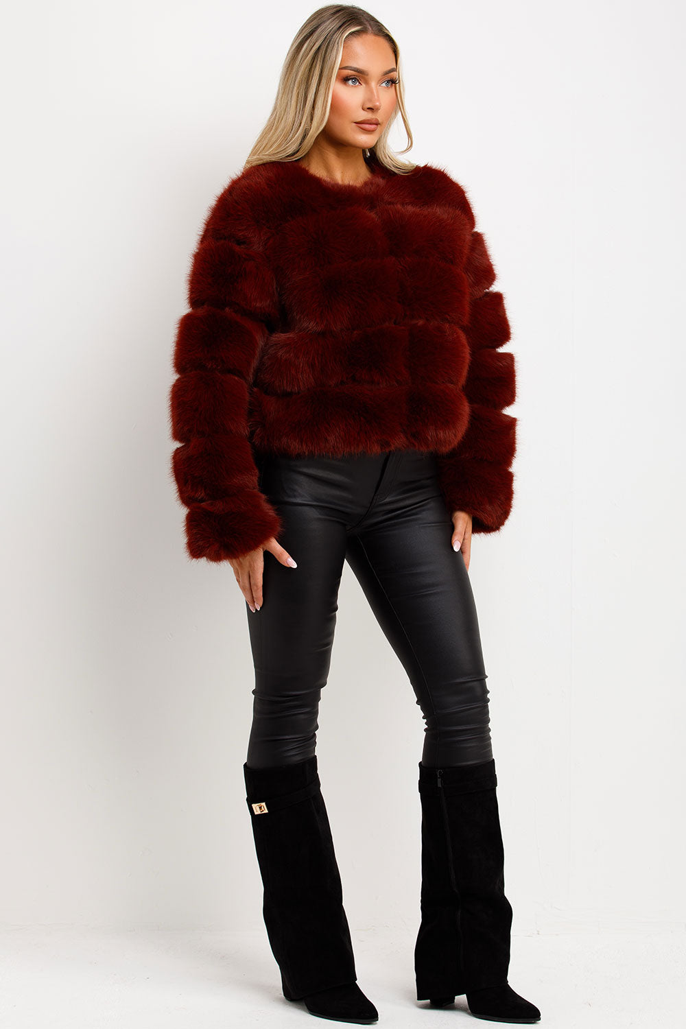 womens burgundy faux fur bubble jacket uk