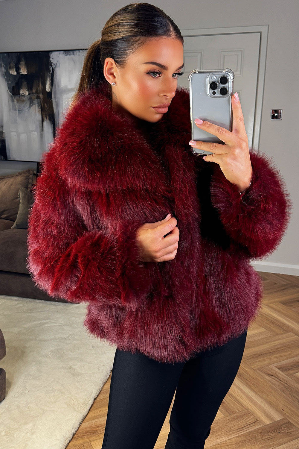 river island burgundy red faux fur plush jacket styled up