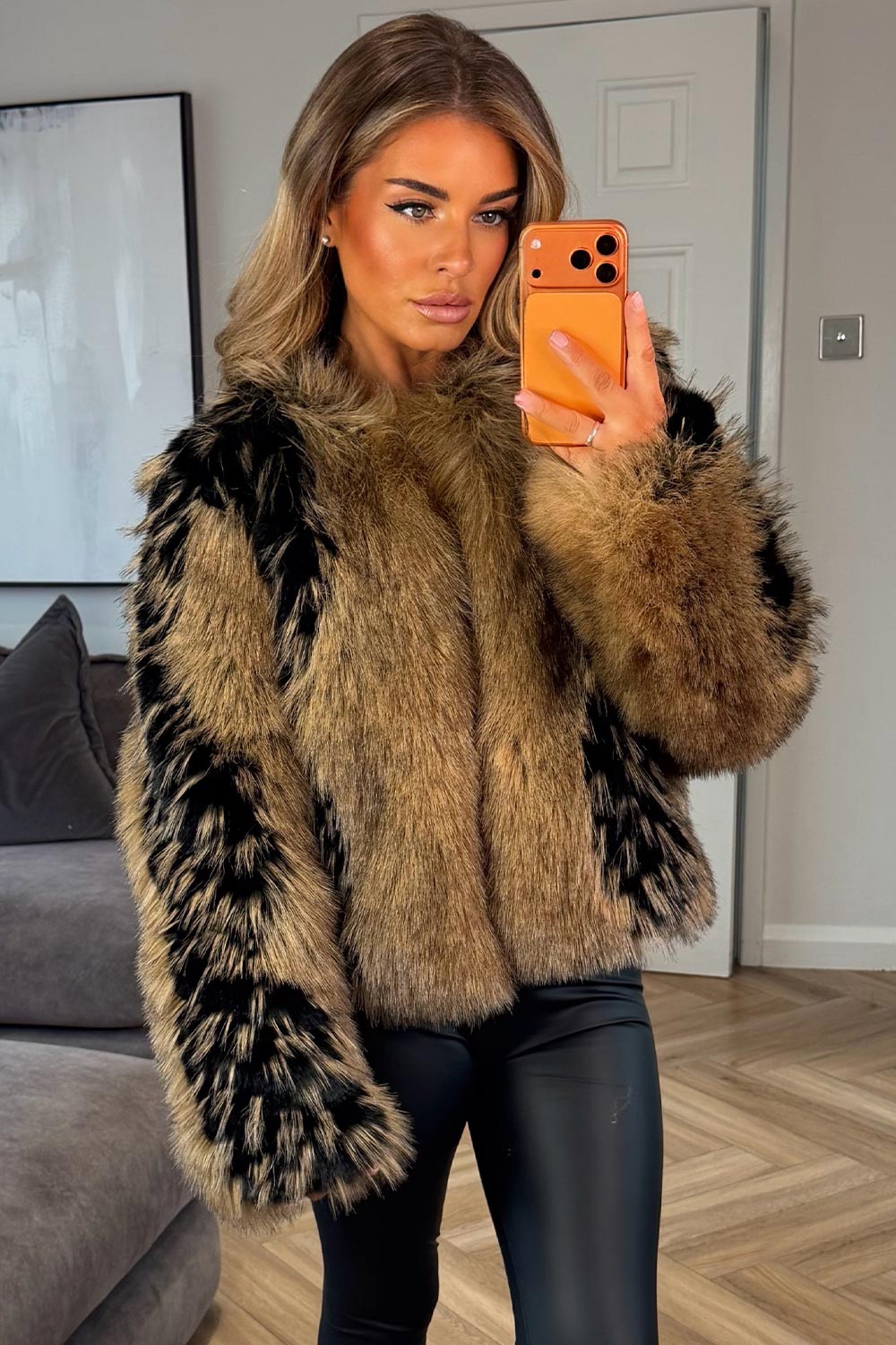 womens contrast fur plush jacket in camel and black winter outerwear uk