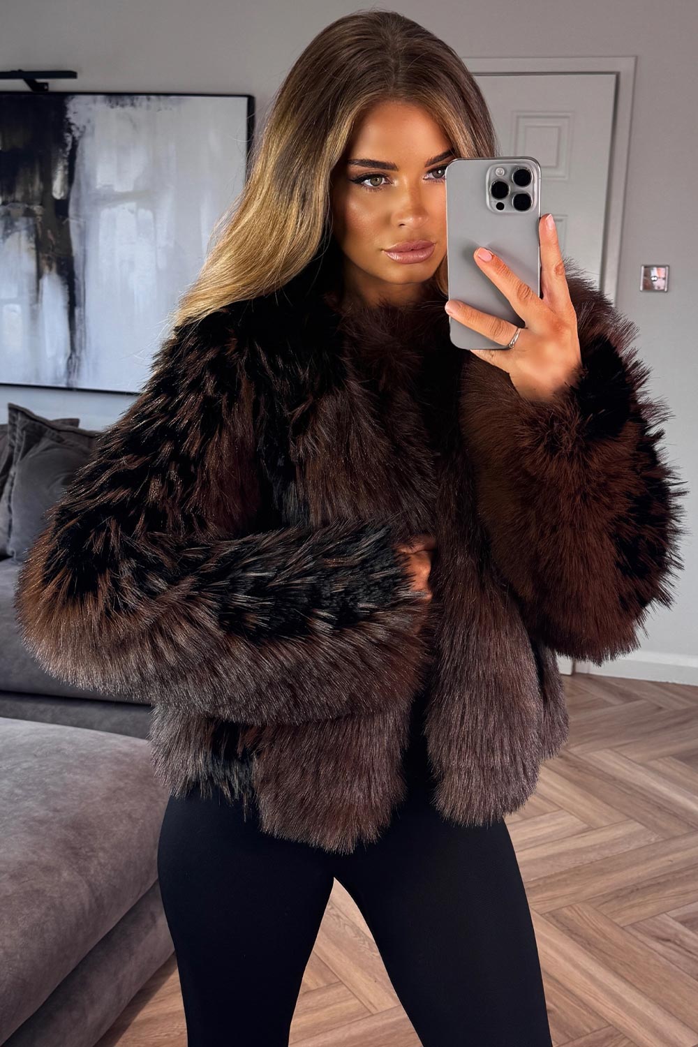 womens contrast fur plush jacket in camel and black winter outerwear uk