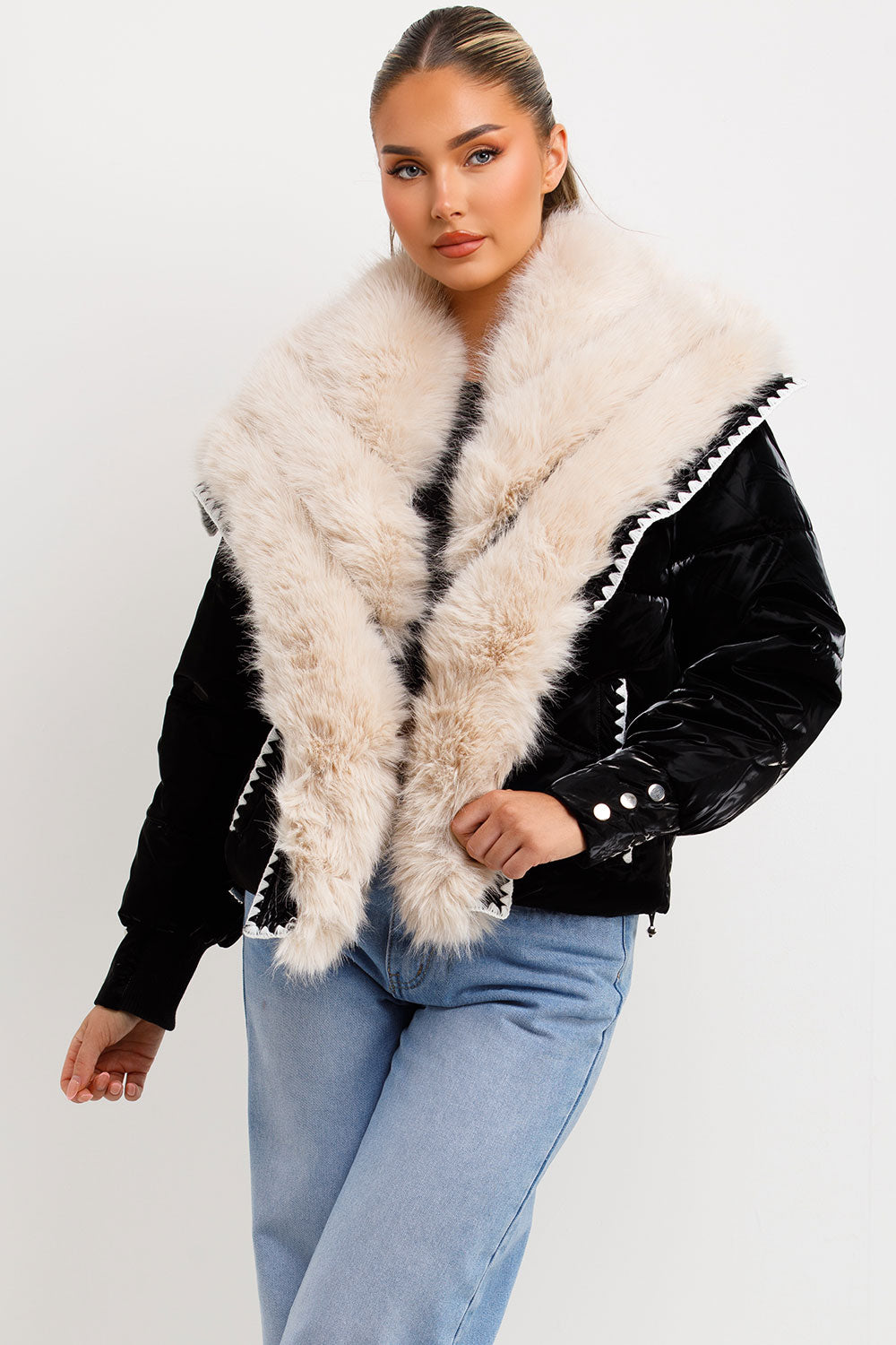 faux fur collar and trim puffer coat womens