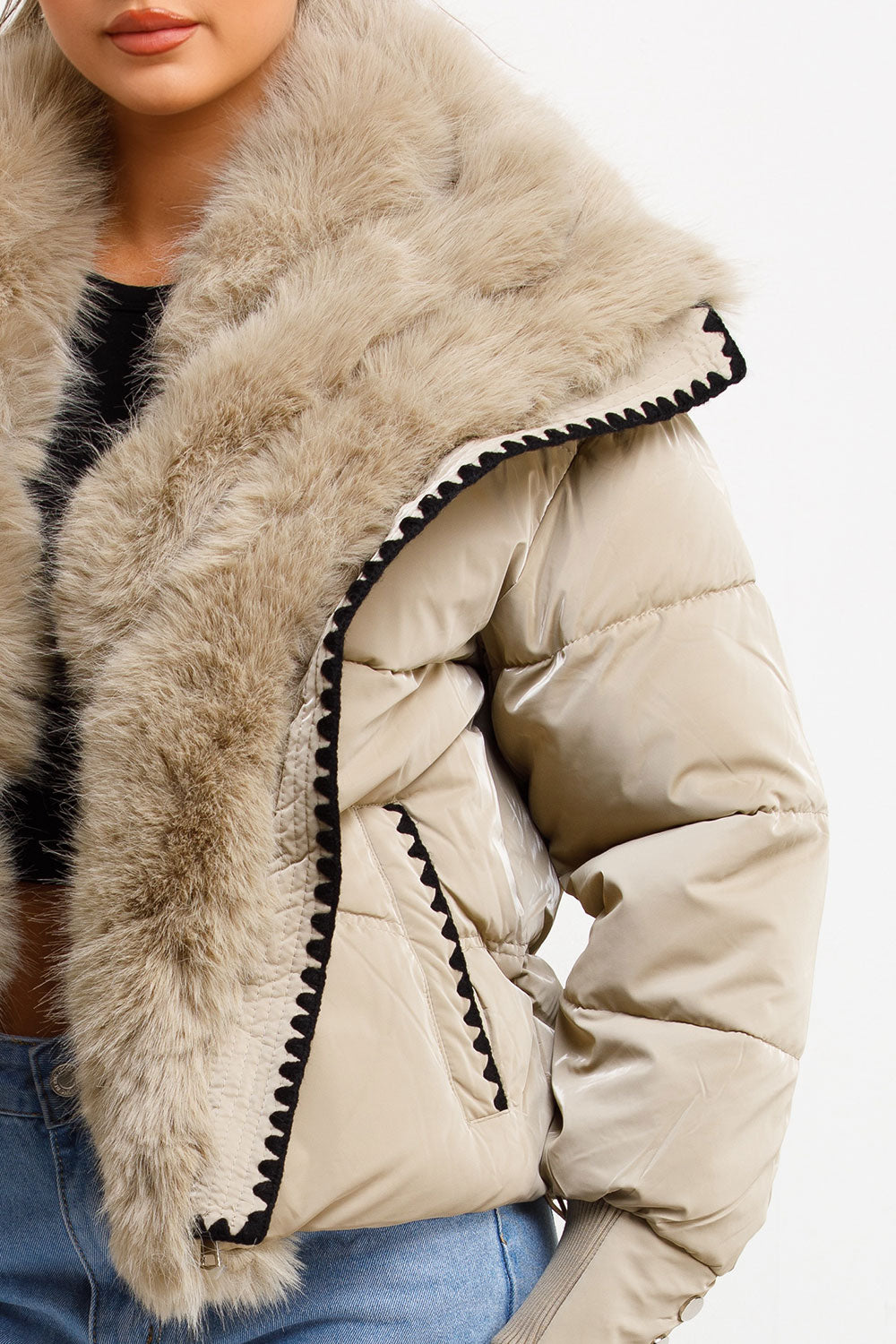 womens faux fur trim and collar padded puffer coat with stitching