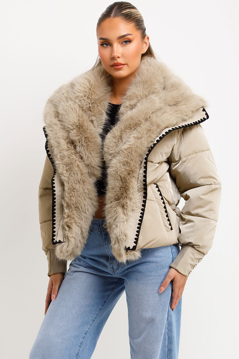 faux fur coat with fur collar and trim contrast embroidery womens outerwear