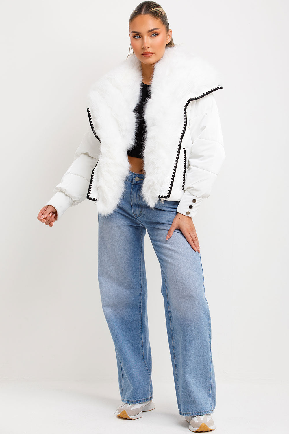 faux fur collar and trim puffer coat womens
