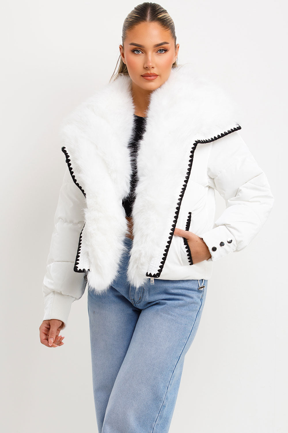 faux fur coat with fur collar and trim contrast embroidery womens outerwear