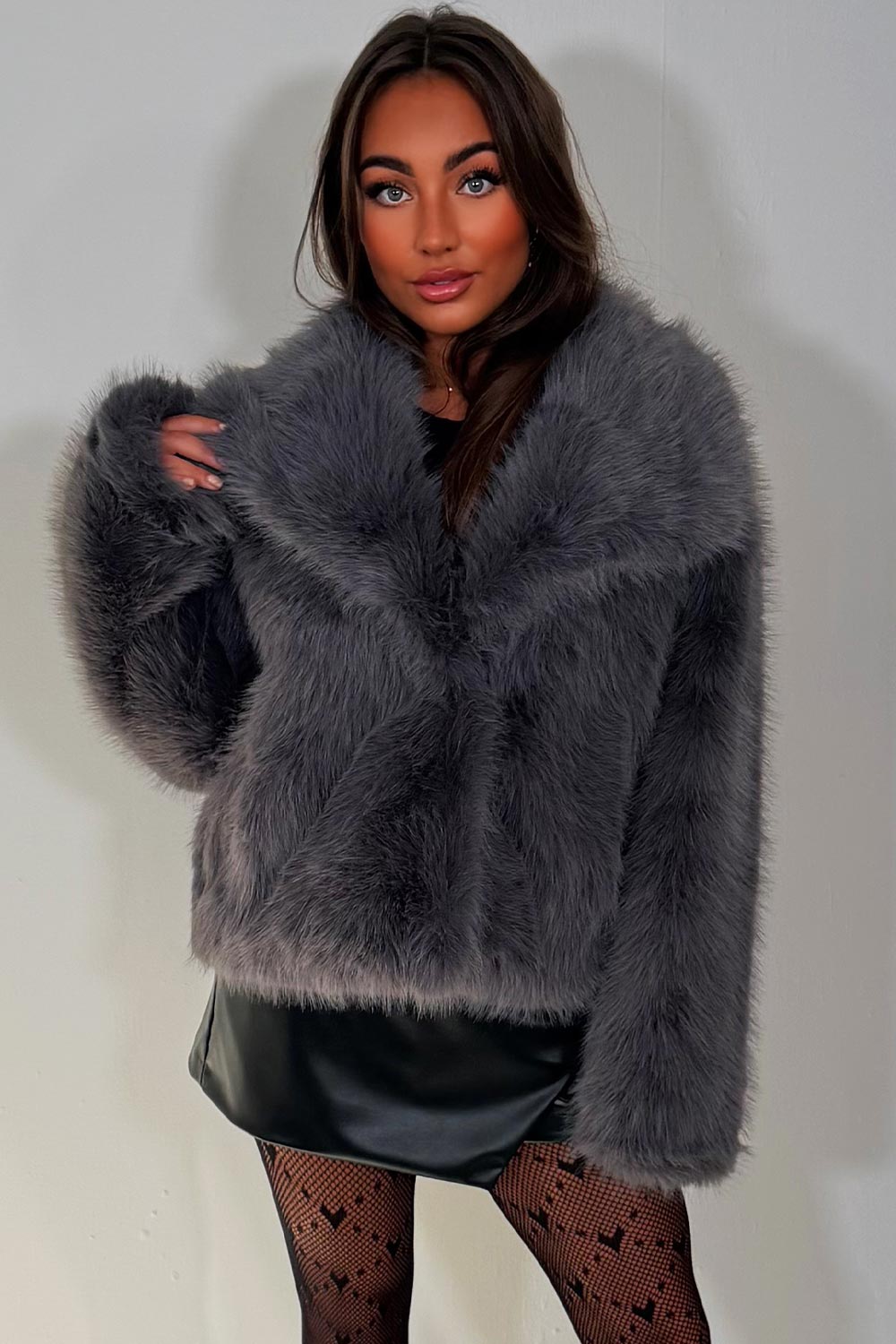 zara womens fur jacket with collar grey styledup