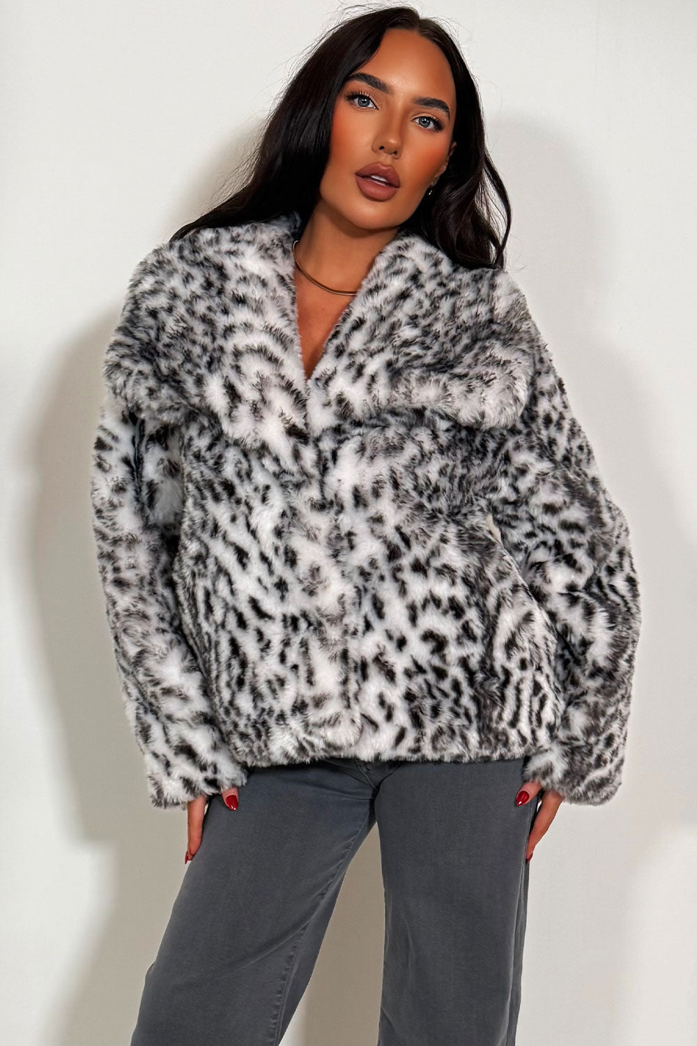 womens faux fur jacket animal print zara uk