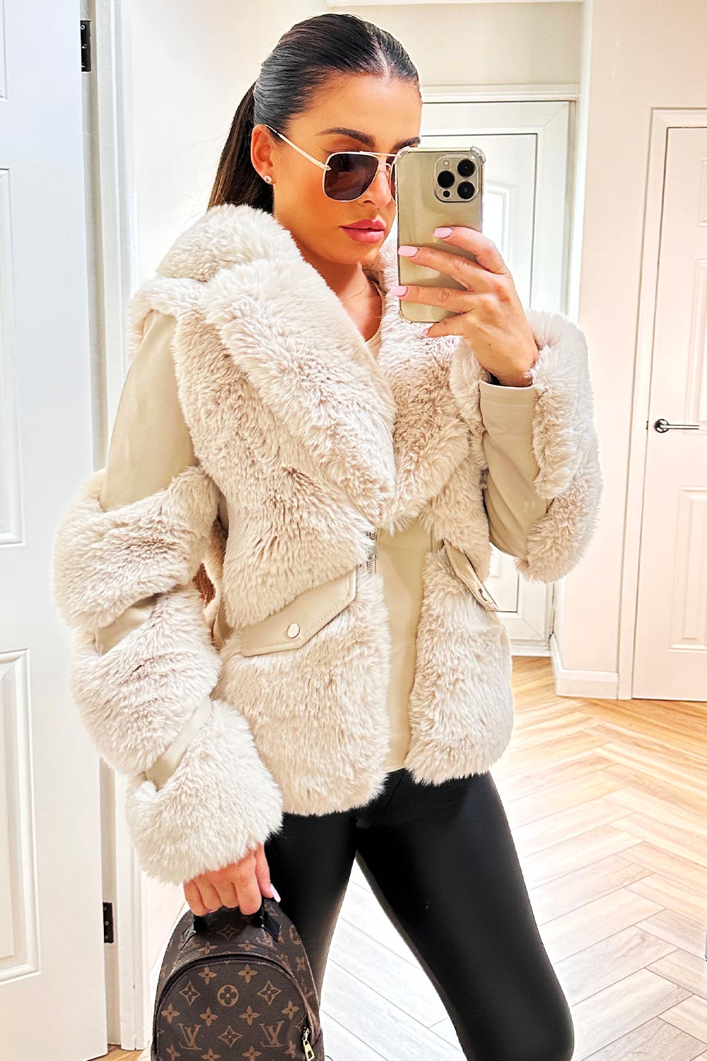 womens faux leather faux fur aviator jacket