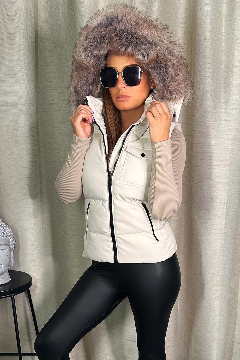 womens puffer gilet with faux fur hood