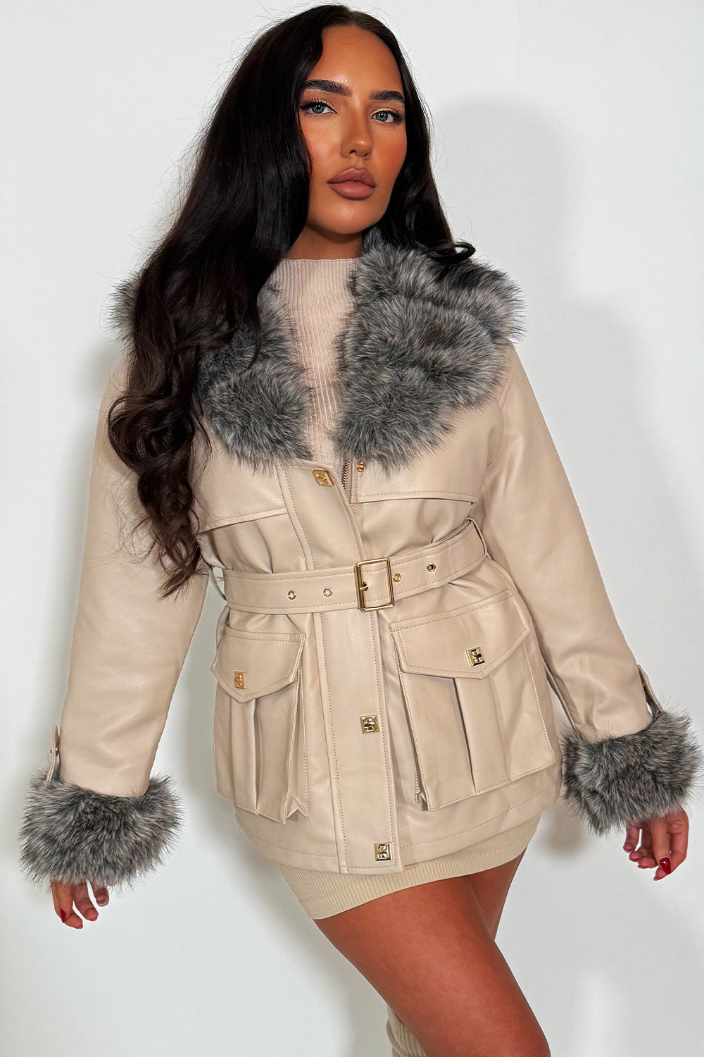 womens faux fur cuff collar faux leather winter jacket with belt faux fur lined for styledup
