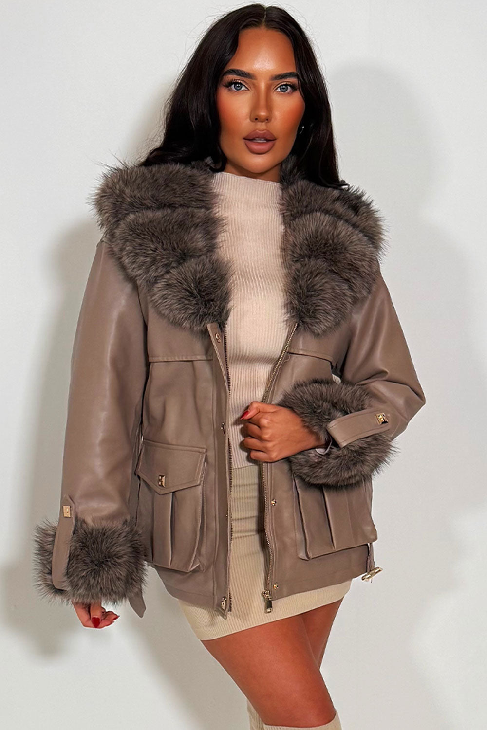 faux leather aux fur cuff collar winter jacket with belt styledup fashion