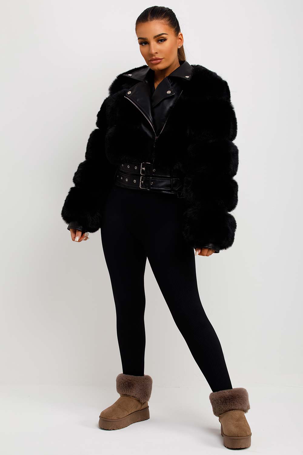 womens faux leather crop aviator jacket with faux fur panel