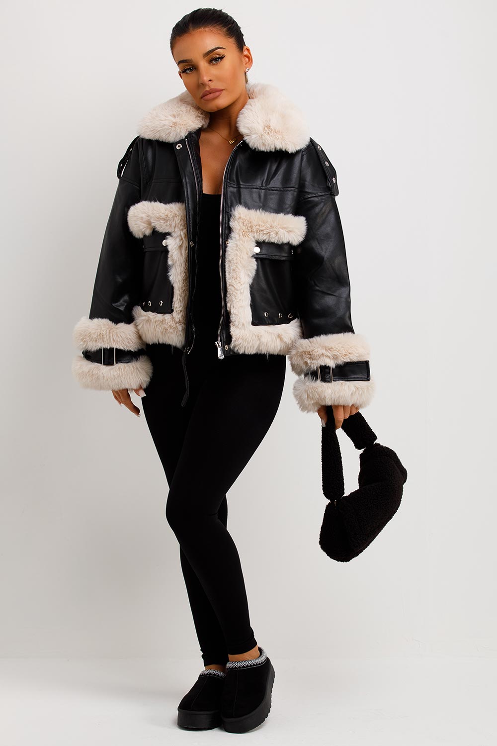 womens zara faux leather jacket with fur trim
