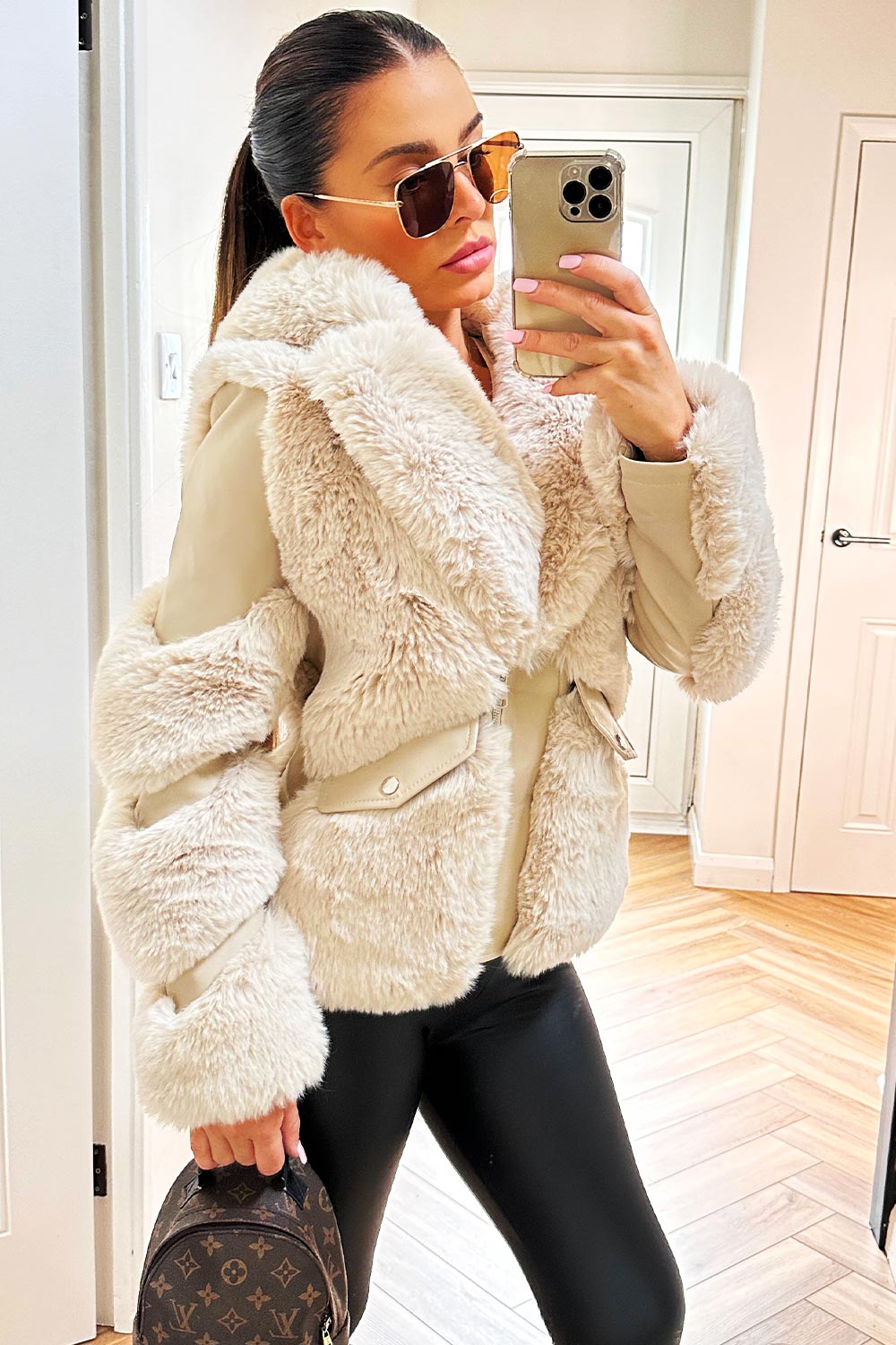 faux fur faux leather aviator jacket