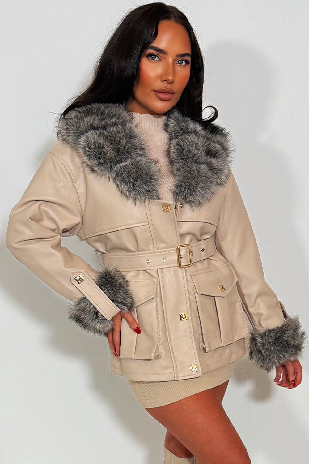faux leather faux fur cuff and collar winter jacket with belt styledup