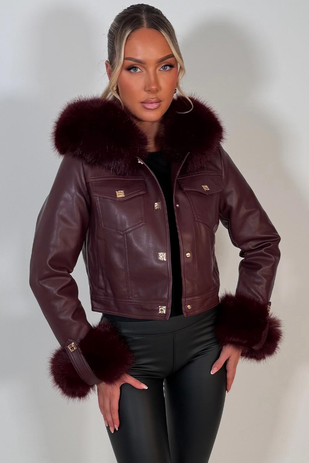 womens burgundy faux fur hood fau leather bomber jacket with gold buttons christmas party night out outerwear styledup uk