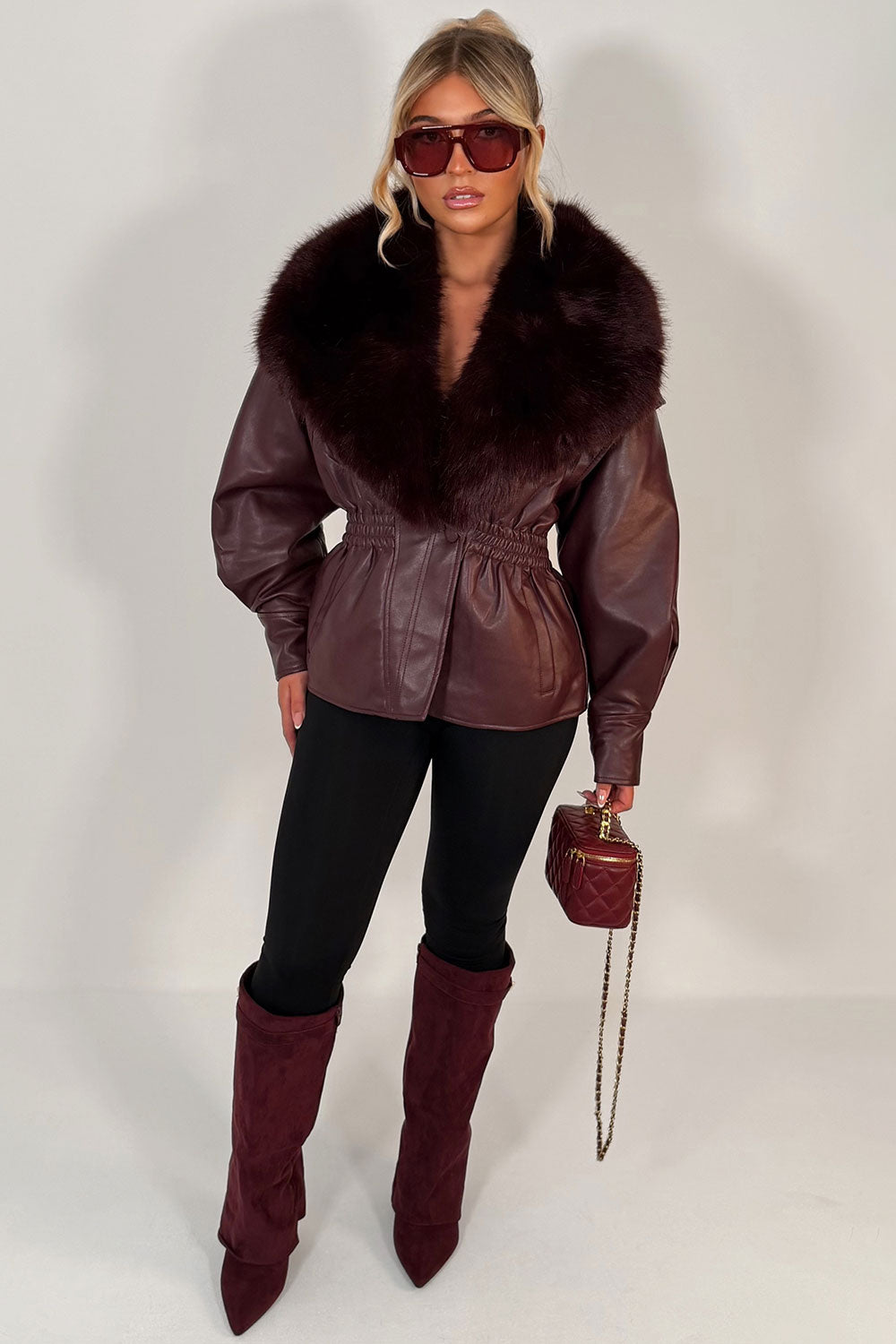 womens burgundy faux leather faux fur jacket uk styledup