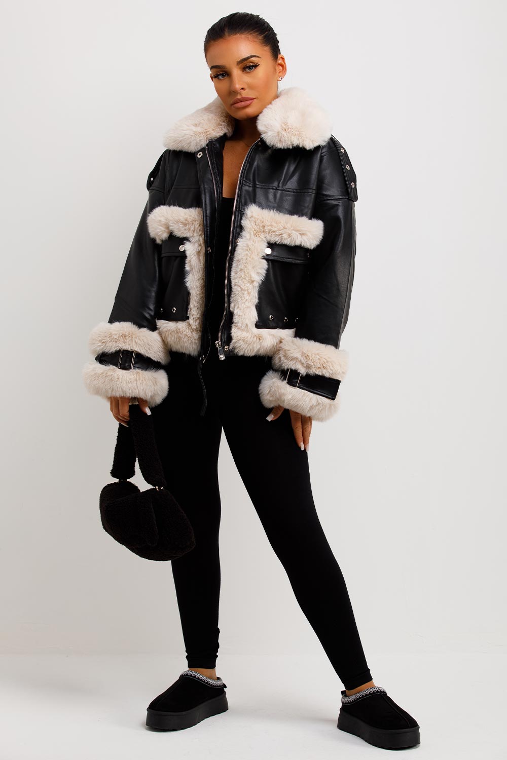 faux leather faux fur aviator jacket womens uk