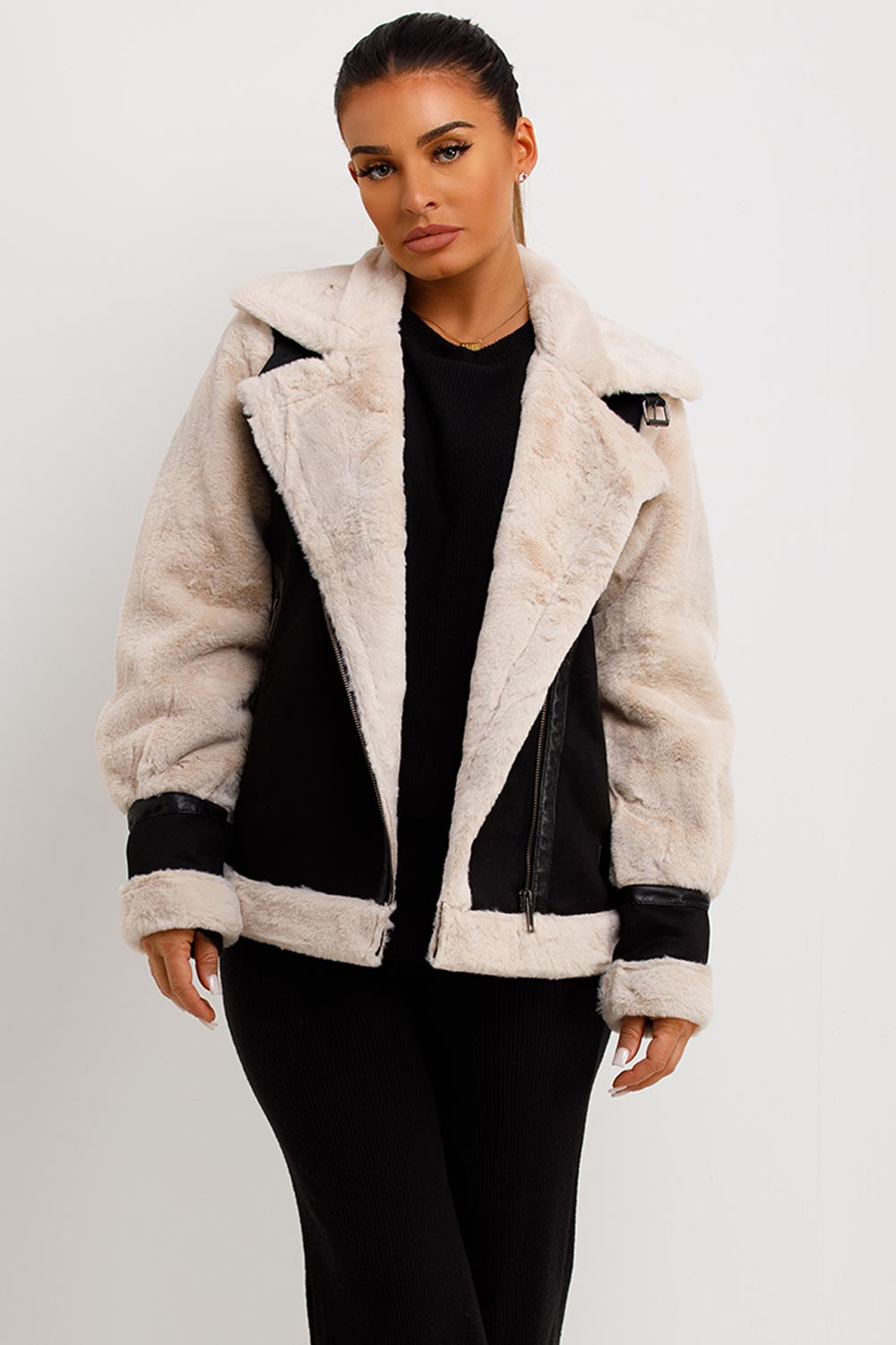 womens faux fur faux suede aviator jacket
