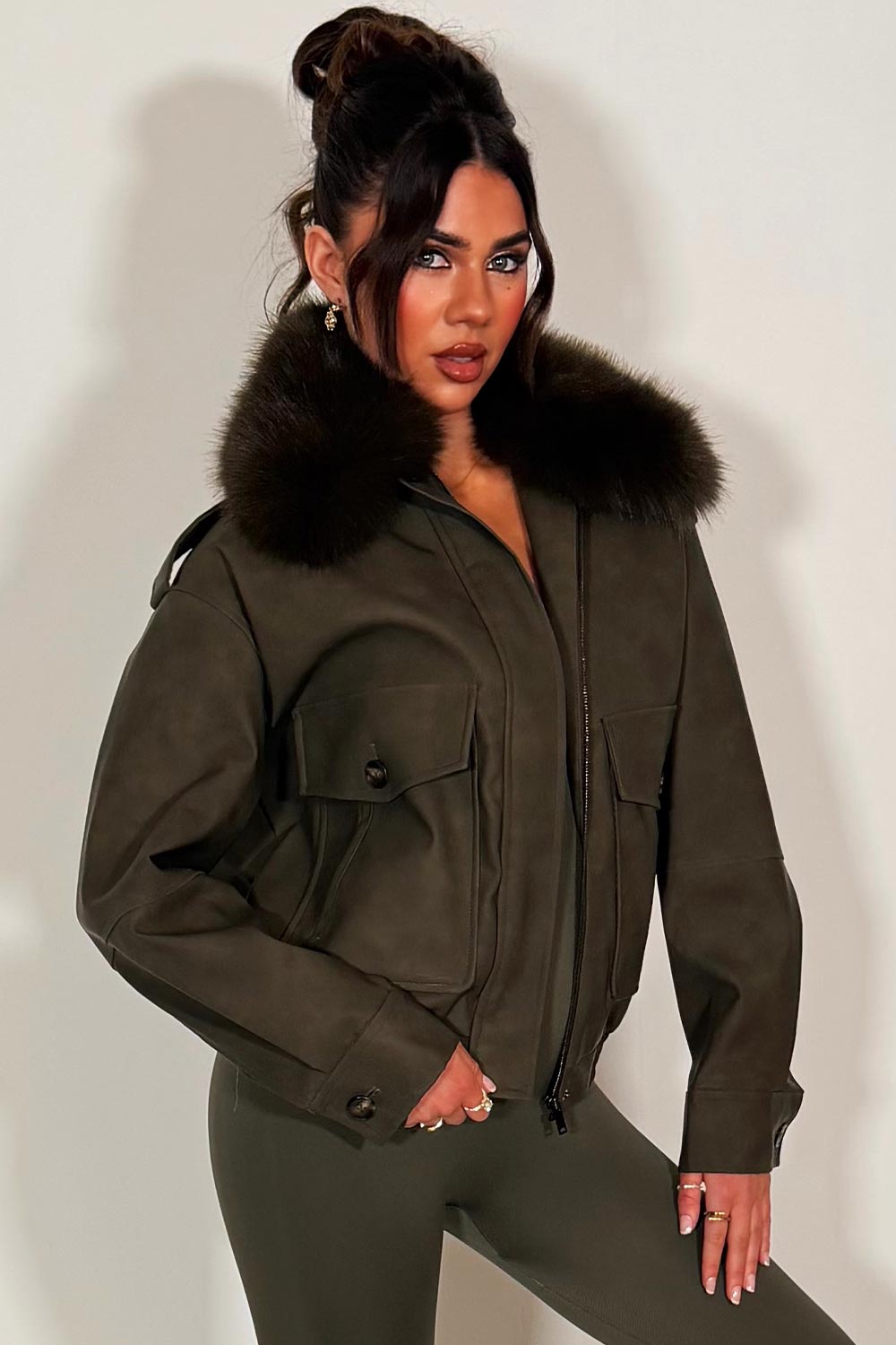 zara womens faux suede faux fur collar winter jacket khaki styledup