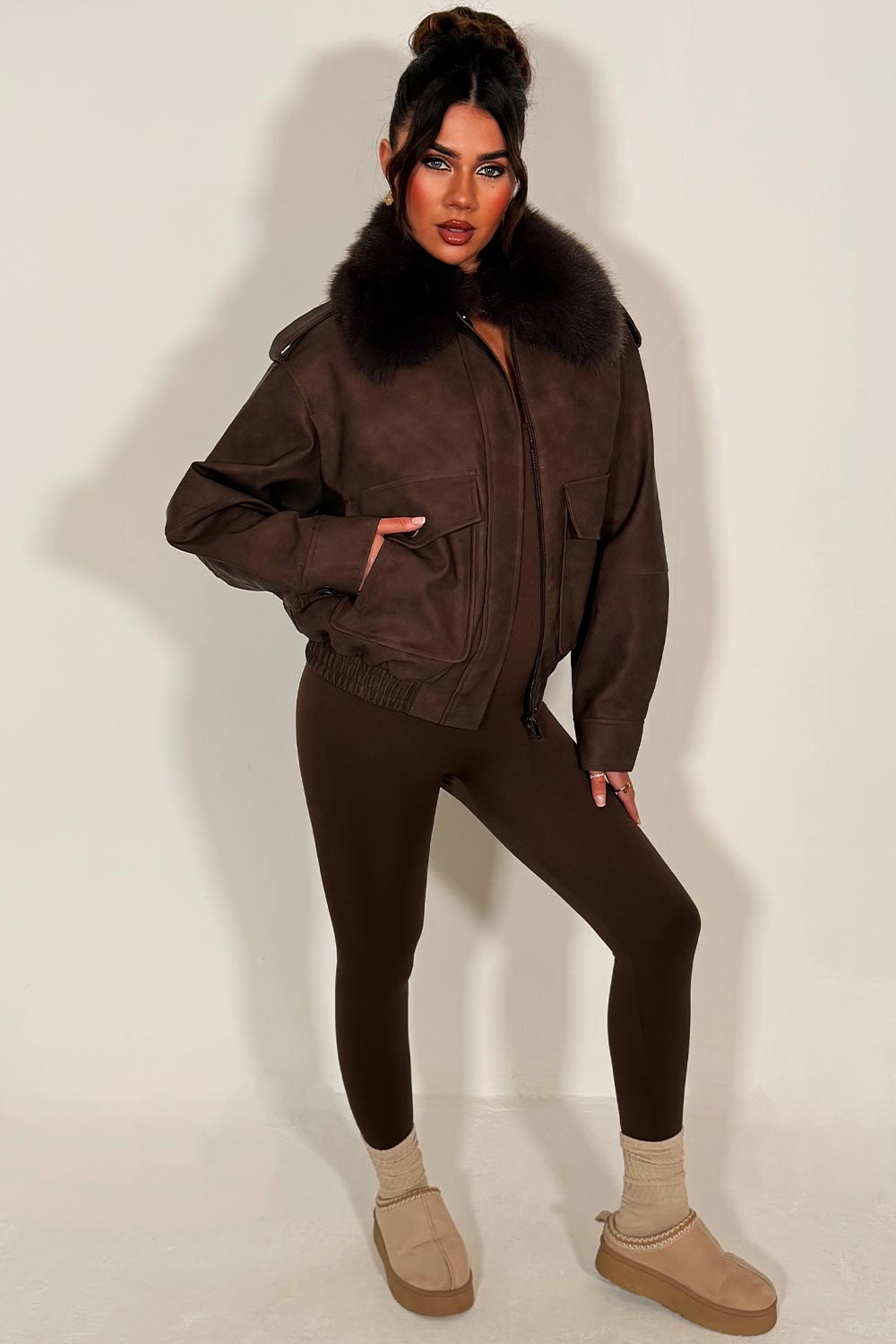 womens faux suede jacket with faux fur collar brown styledup