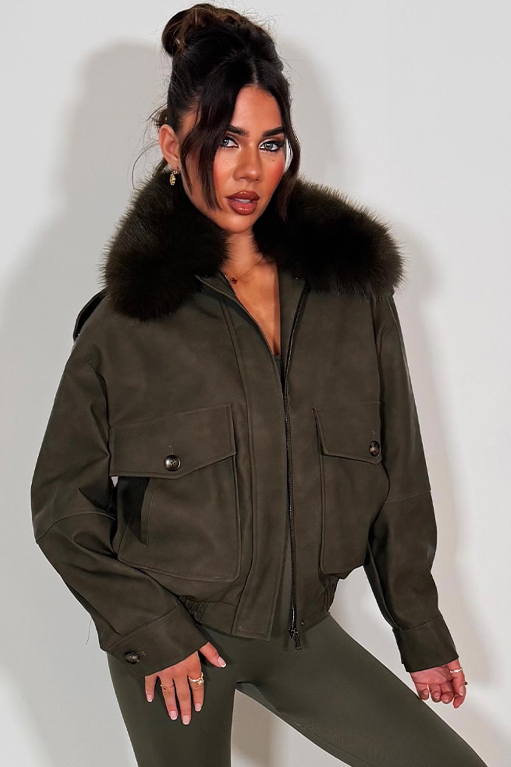 faux suede faux fur winter jacket khaki styledup